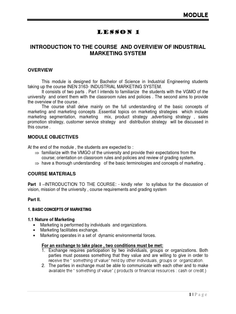INDUSTRIAL MARKETING SYSTEM Lesson 1 Introduction PDF Marketing