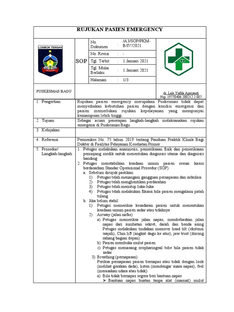 SOP Rujukan Pasien Emergency Puskesmas | PDF