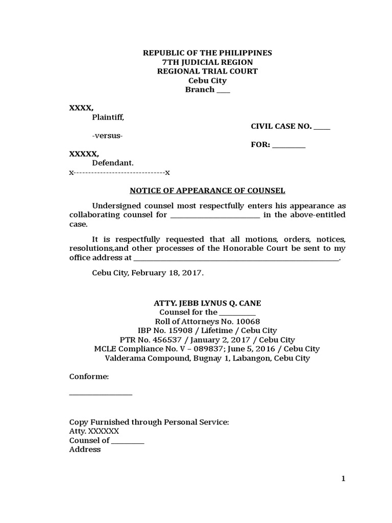 Notice of Appearance of Counsel Template | PDF | Affidavit | Common Law
