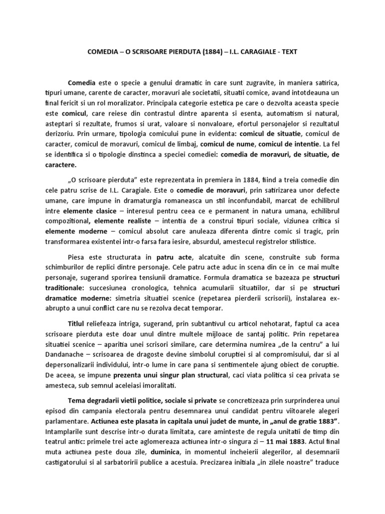 O Scrisoare Pierduta Modul Din Care Se Reflecta O Tema O scrisoare pierduta text | PDF