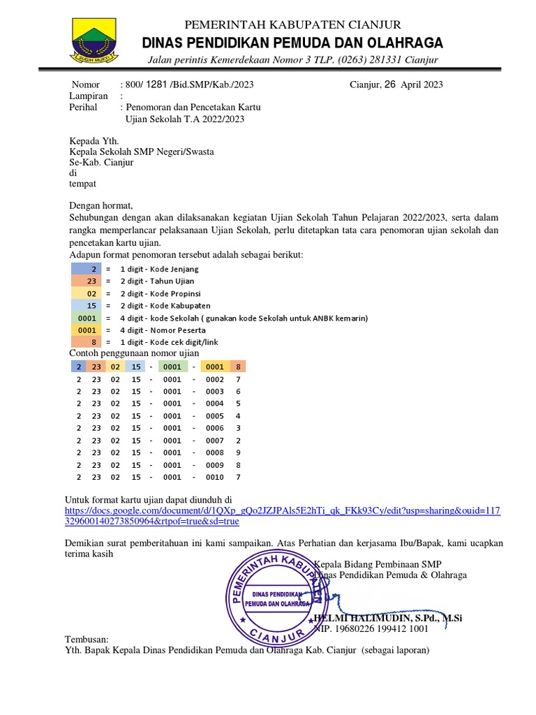 Surat penomoran kartu ujian sekolah pdf