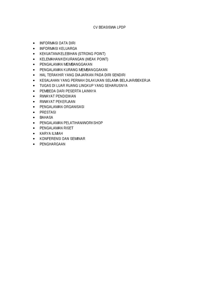 Contoh CV Beasiswa LPDP Lengkap | PDF | Karier & Perkembangan