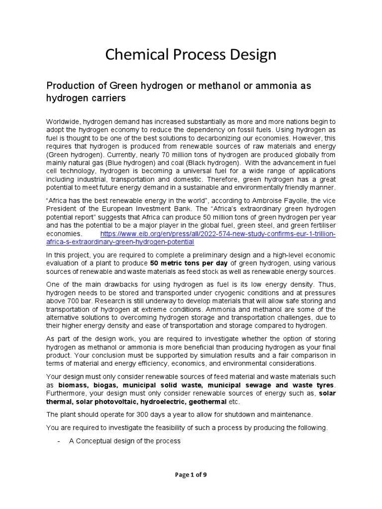 HRCEN82-22 Design Project Green Hydrogen Production | PDF | Hydrogen