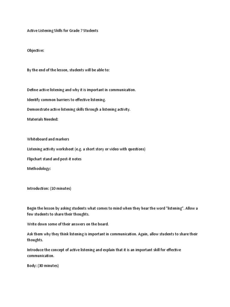 Active Listening Skills Lesson Plan | PDF | Communication | Cognition