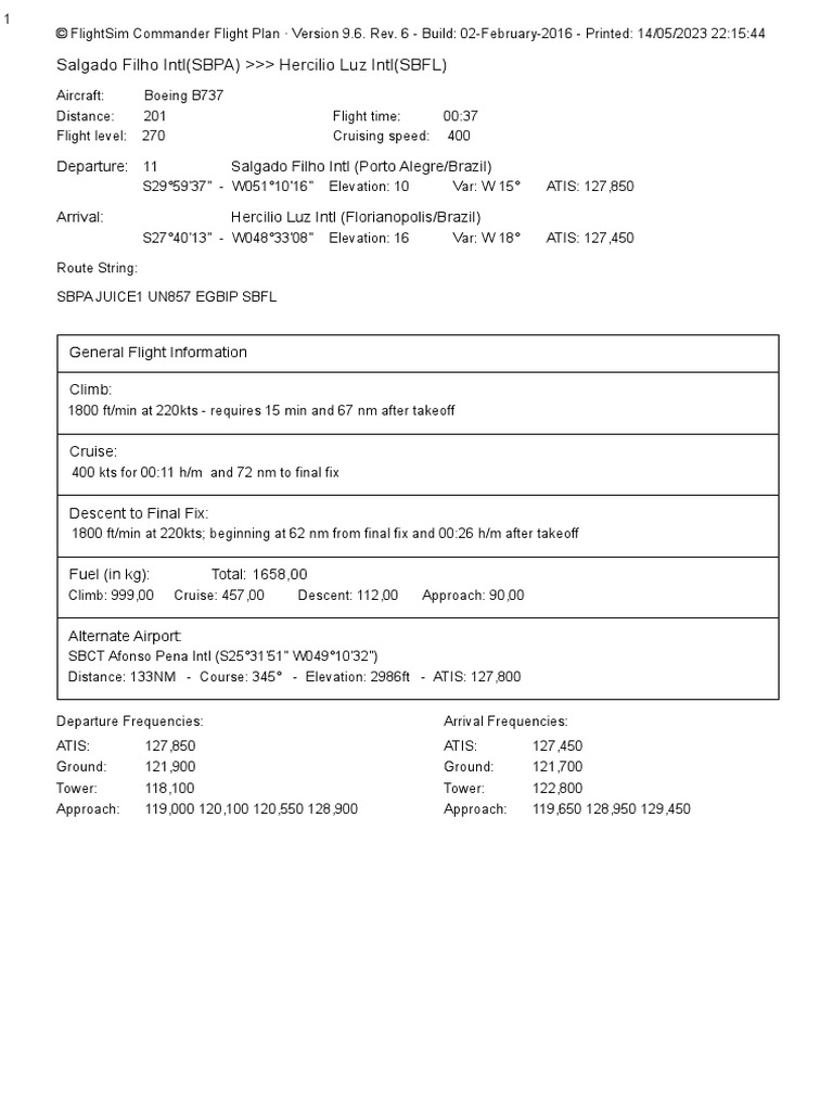 Flight Plan: SBPA to SBFL | PDF | Transport Safety | Aerospace