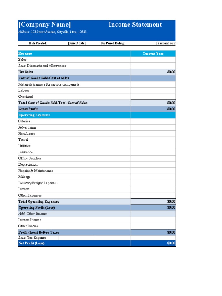 Income Statement Template PDF