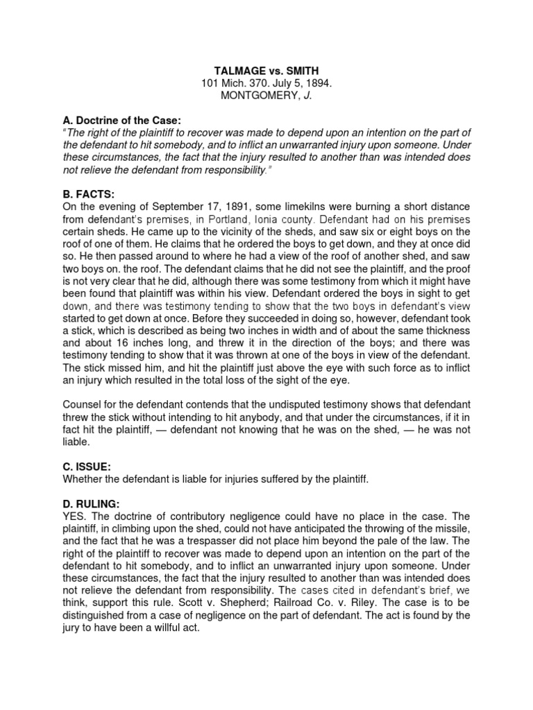 Talmage vs. Smith PDF Negligence Civil Law (Legal System)
