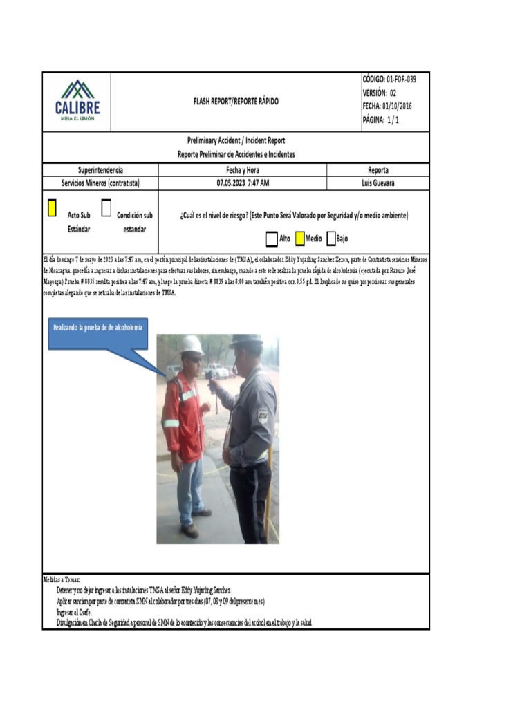 Informe de Incidente por Alcoholemia TMSA | PDF