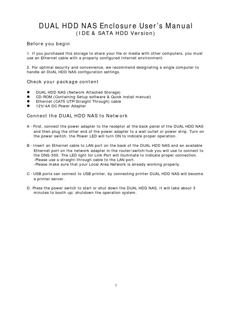 DUAL HDD NAS Enclosure User's Manual: (IDE & SATA HDD Version) | PDF ...