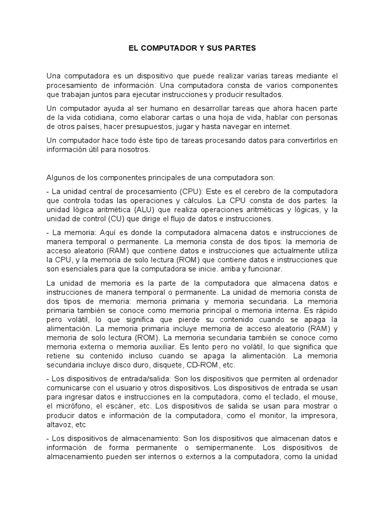 El Computador y Sus Partes | PDF | Almacenamiento de datos de la ...