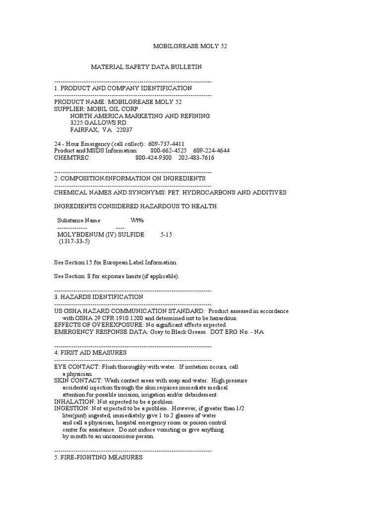 Mobilgrease Moly 52 PDF Toxicity Waste