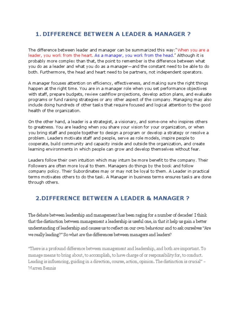 Differences Between Leaders and Managers | PDF | Leadership | Attention
