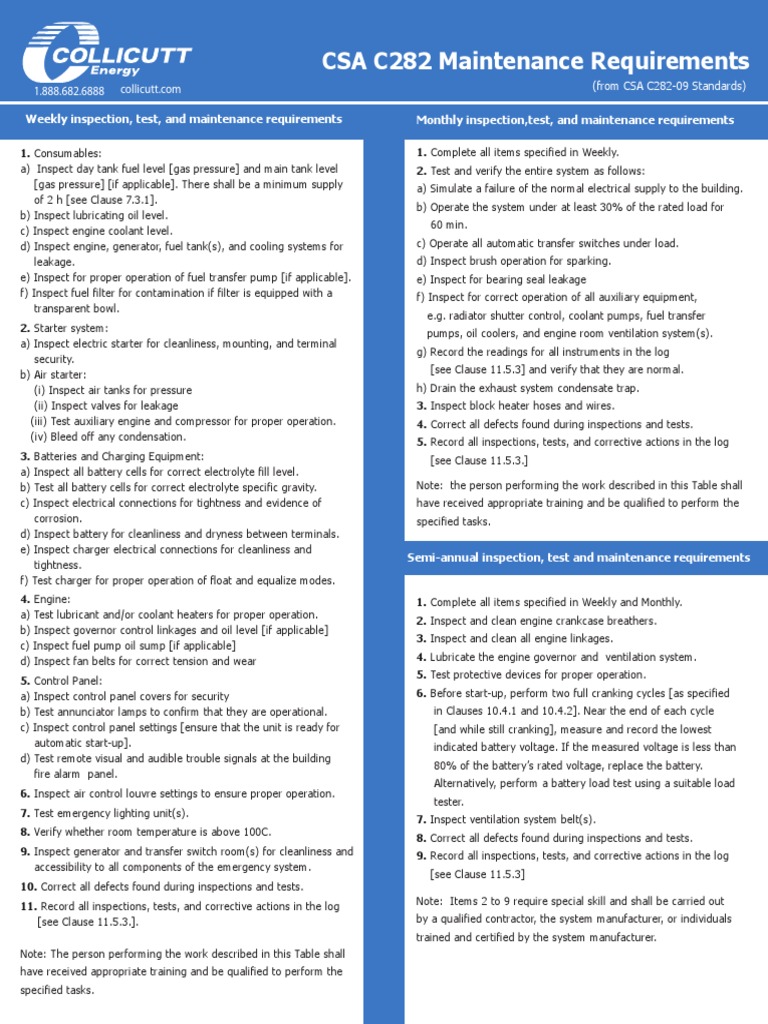 CSA C282 Generator Maintenance Guide | PDF | Battery Charger ...