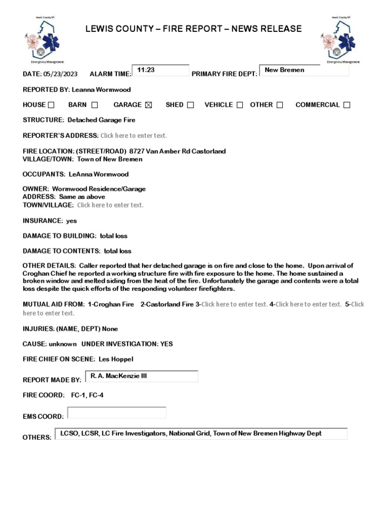 Castorland Garage Fire Report | PDF