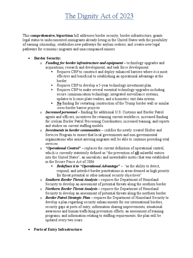 Summary of The Dignity Act of 2023 PDF Asylum Seeker Travel Visa