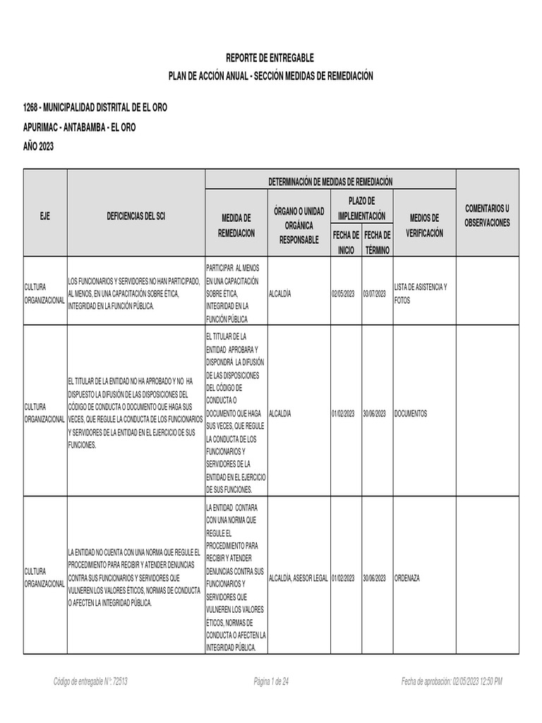 Plan de Acción Anual 2023: Medidas de Remediación | PDF | Gobierno ...