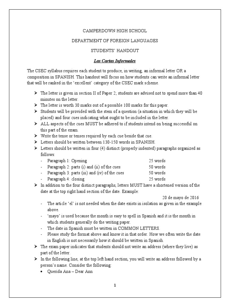 Informal letters csec spanish final 1 1 pdf paragraph spanish