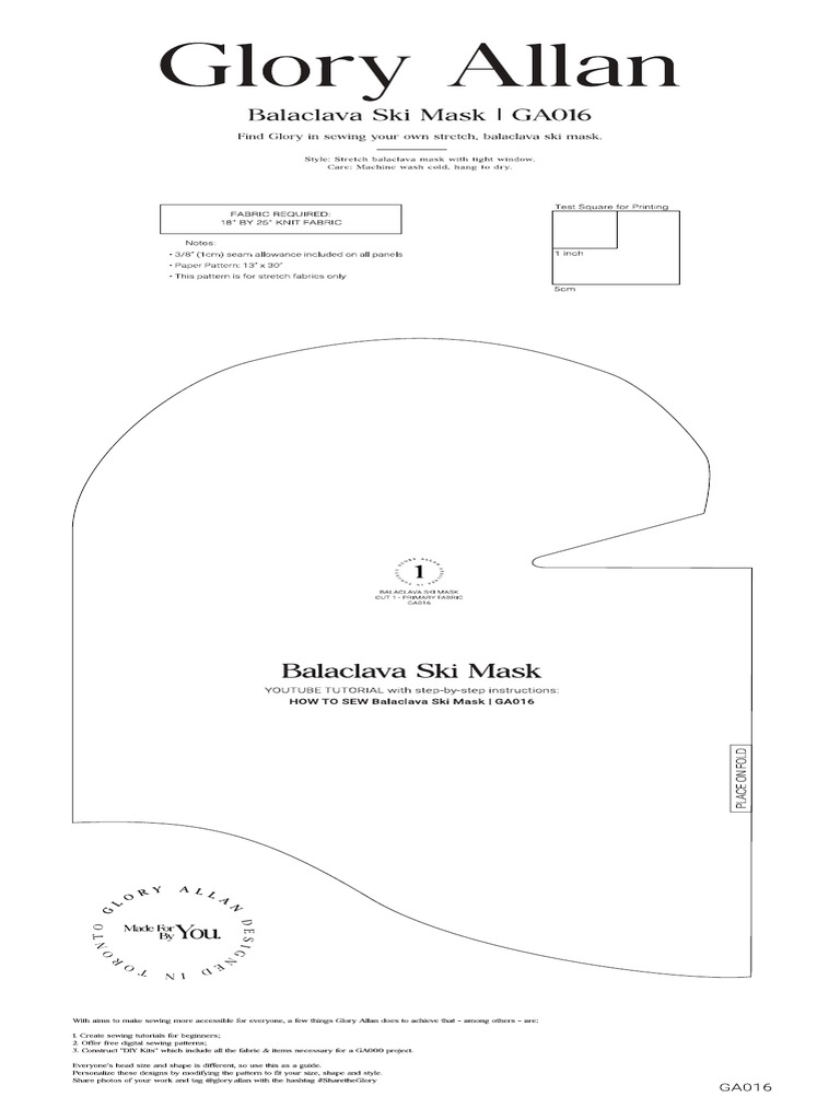 Glory Allan GA016 Balaclava Ski Mask Sewing Pattern 13in X 30in PDF