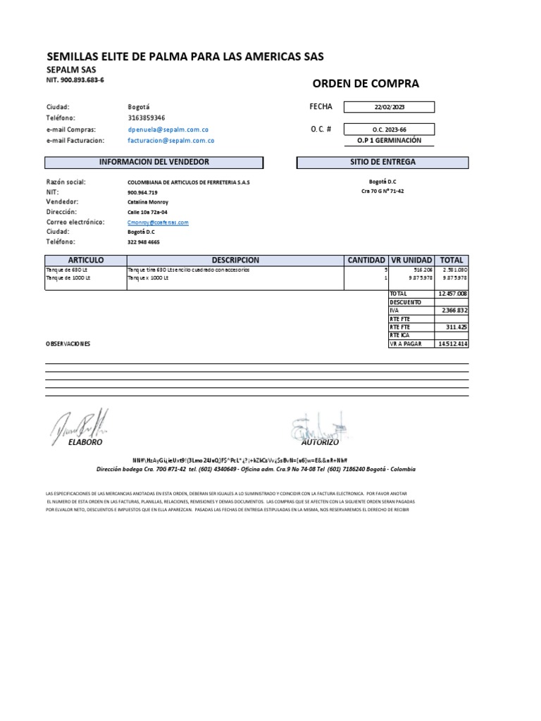 Orden de Compra Tanques de Palma SAS | PDF | Contabilidad | Documentos ...