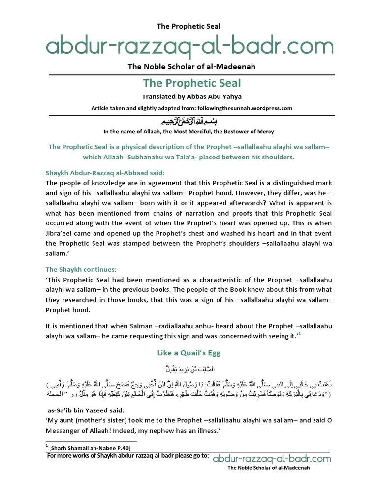 Prophetic Seal | PDF | Prophets And Messengers In Islam | Hadith