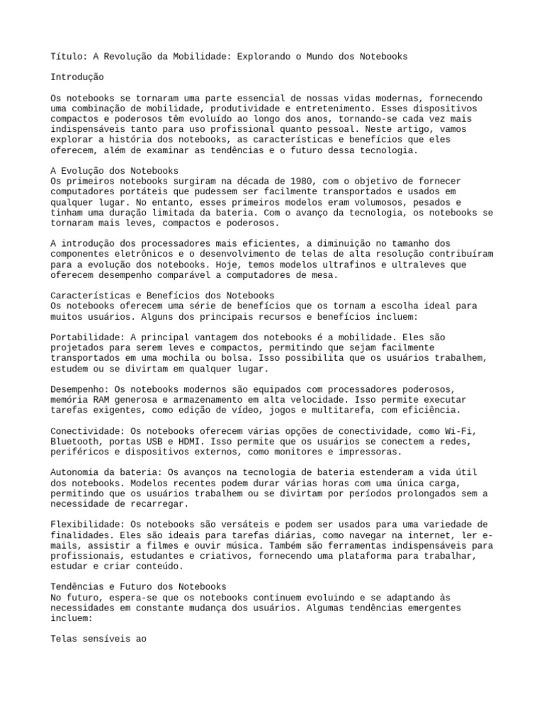Evolução e Benefícios dos Notebooks | PDF | Notebook | Armazenamento de ...