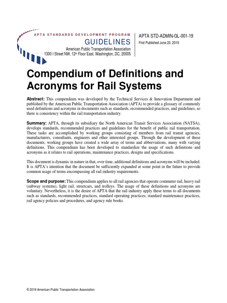 APTA Compendium of Definitions Acronyms For Rail Systems PDF Train