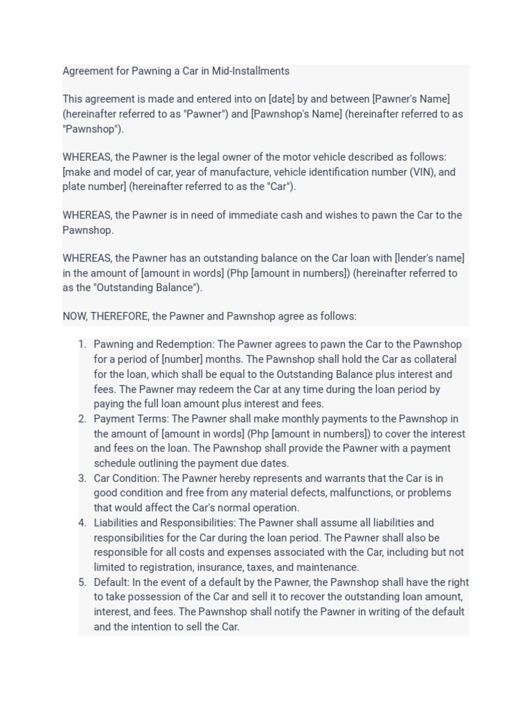 Agreement For Pawning A Car in MidInstallments PDF Pawnbroker