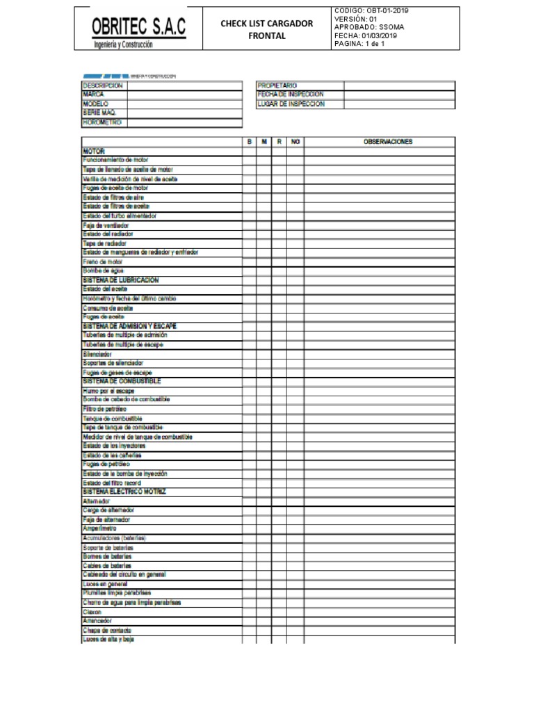 Check List Cargador Frontal | PDF