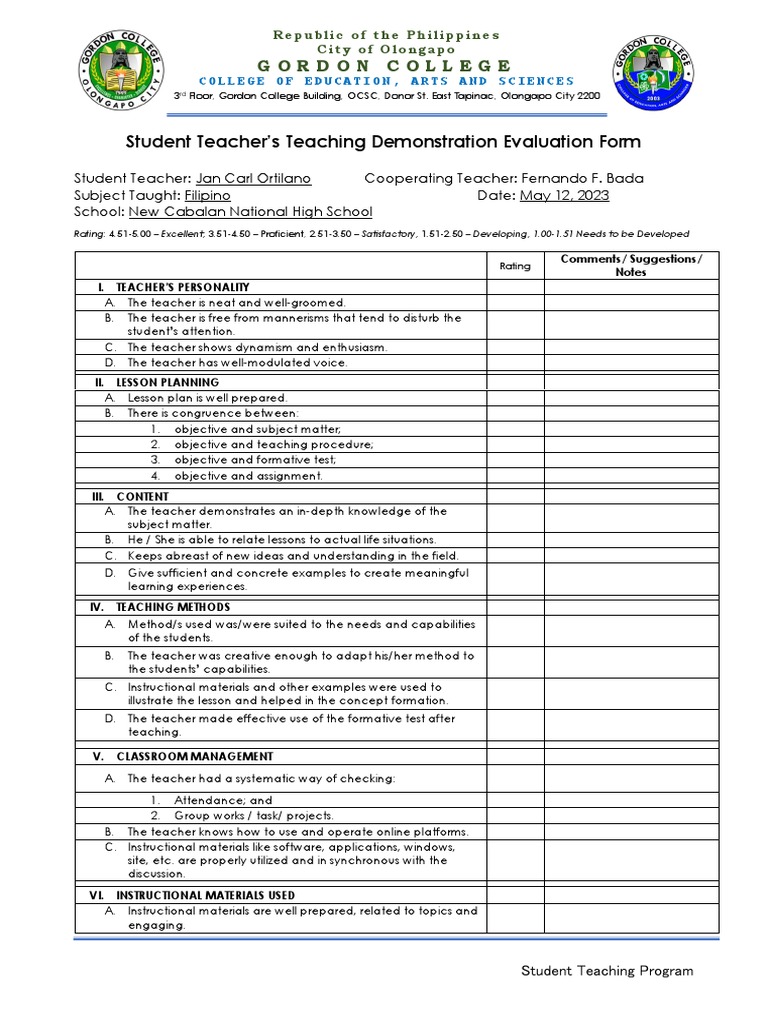 Student Teacher Demo Evaluation Form | PDF | Teachers | Educational ...