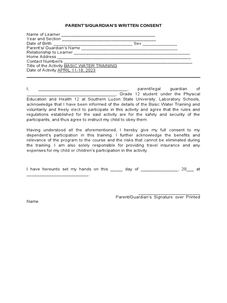 Parent Consent for Water Training | PDF