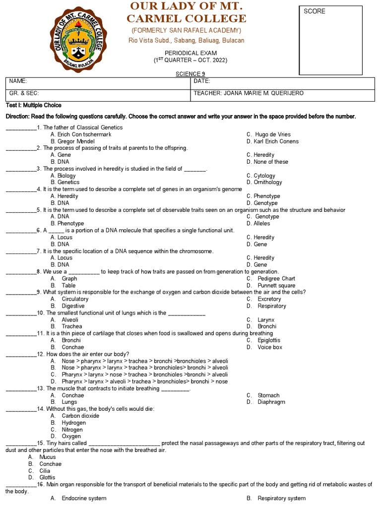 Periodical Exam Science 9 | PDF | Respiratory Tract | Genetics