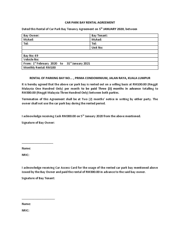 Car Parking Bay Agreement Grace Zaheruddin 05012020 PDF