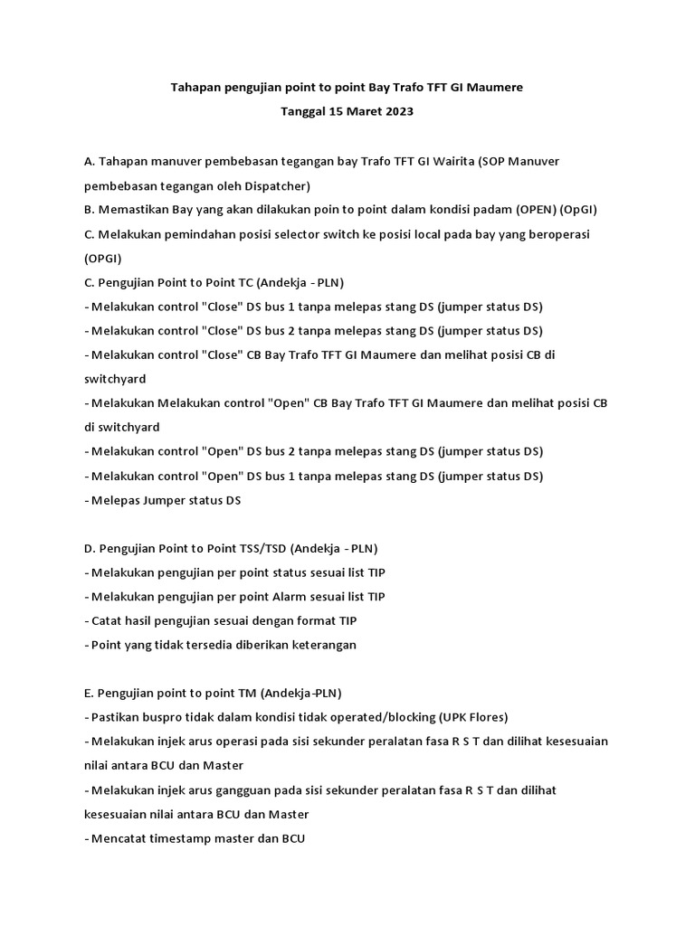 Tahapan Pengujian Point To Point Bay Trafo TFT GI Maumere PDF