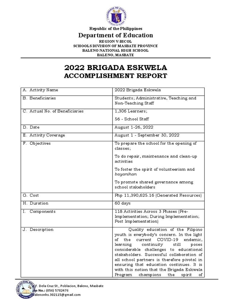 2022 Brigada Eskwela Report: Baleno High | PDF