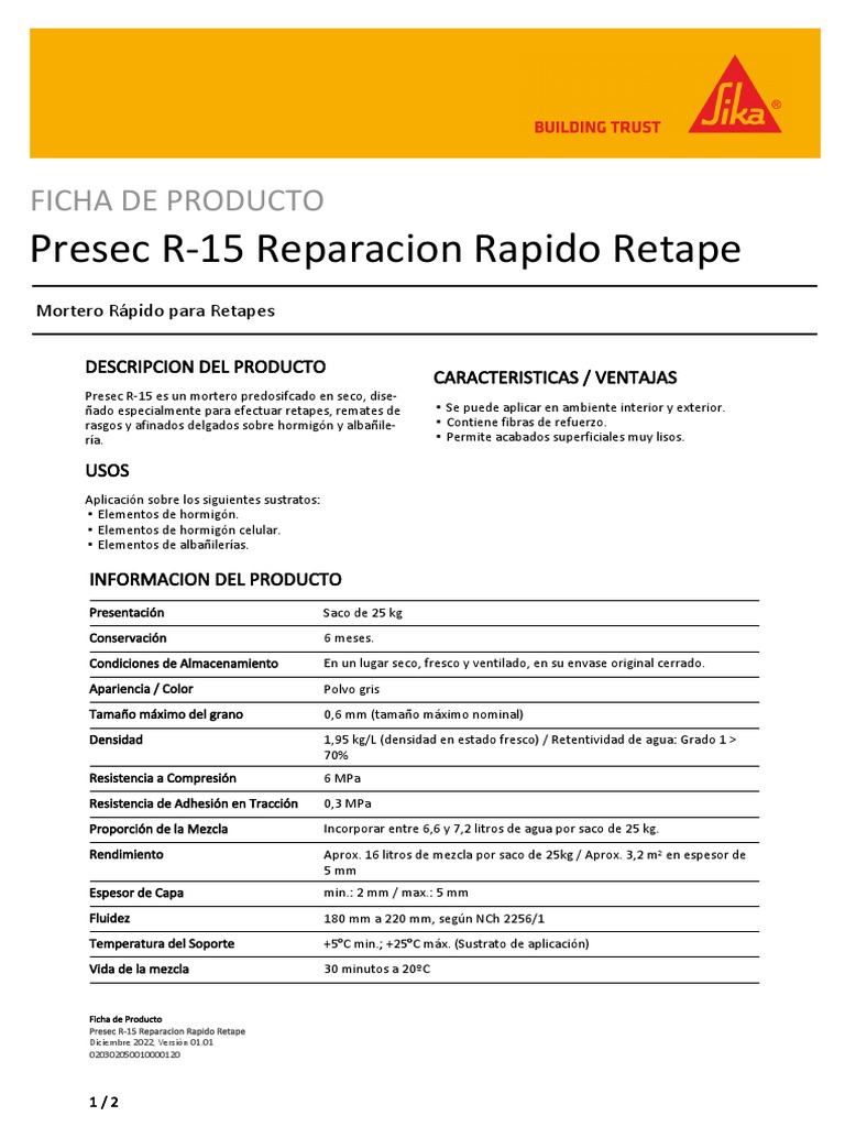 Mortero Rápido Presec R-15 | PDF | Hormigón | Agua