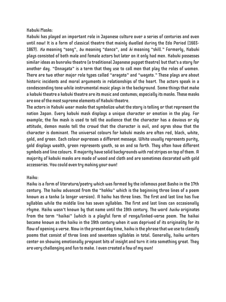 Kabuki Masks & Haiku Insights | PDF | Haiku | Poetry