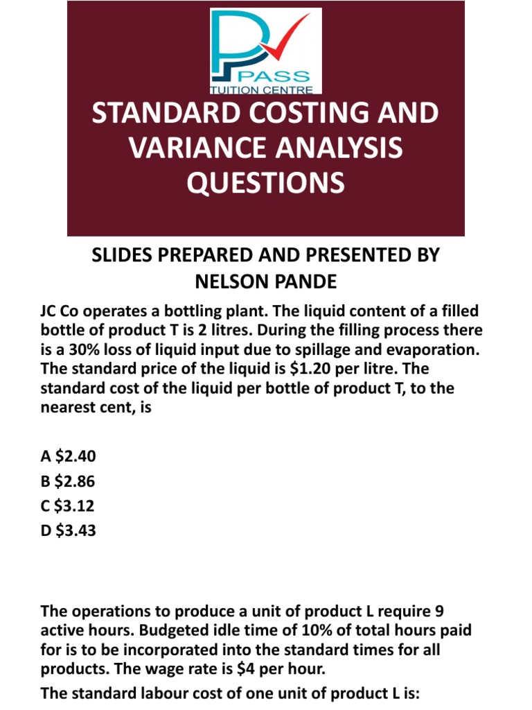 Cima Standard Costing and Variance Analysis Session 1 Questions PDF