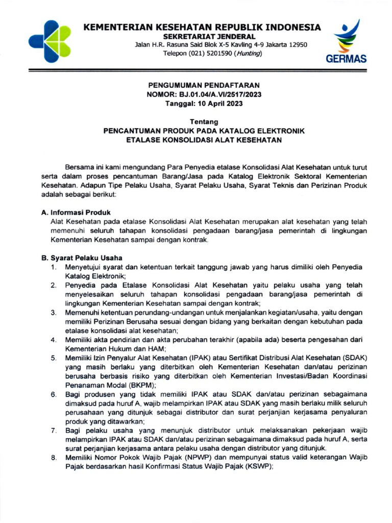 Pengumuman Pencantuman Produk Pada Katalog Elektronik Etalase