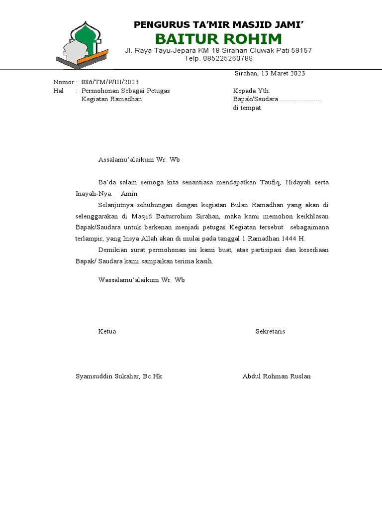 Surat Permohonan Kegiatan Ramadhan | PDF