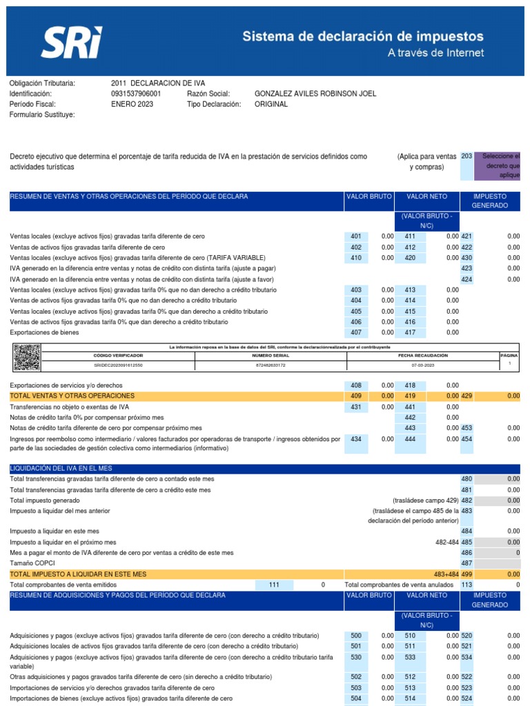 Declaración de IVA Enero 2023 SRI | PDF