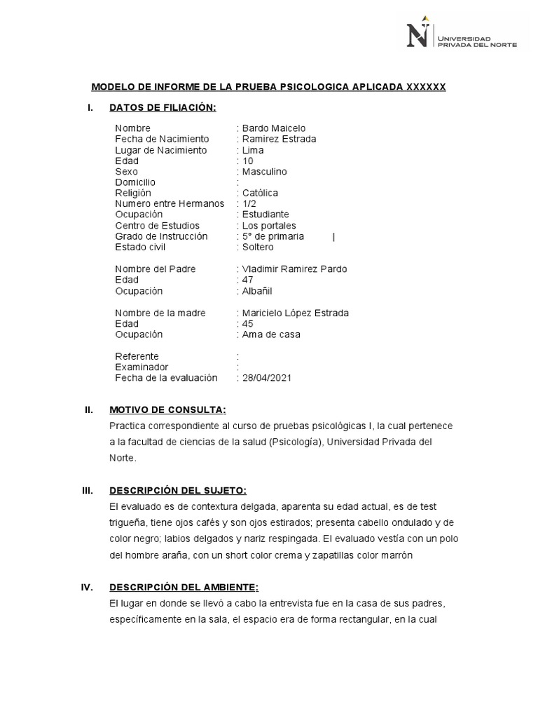 Informe de Evaluación Psicológica Infantil | PDF | Las emociones ...
