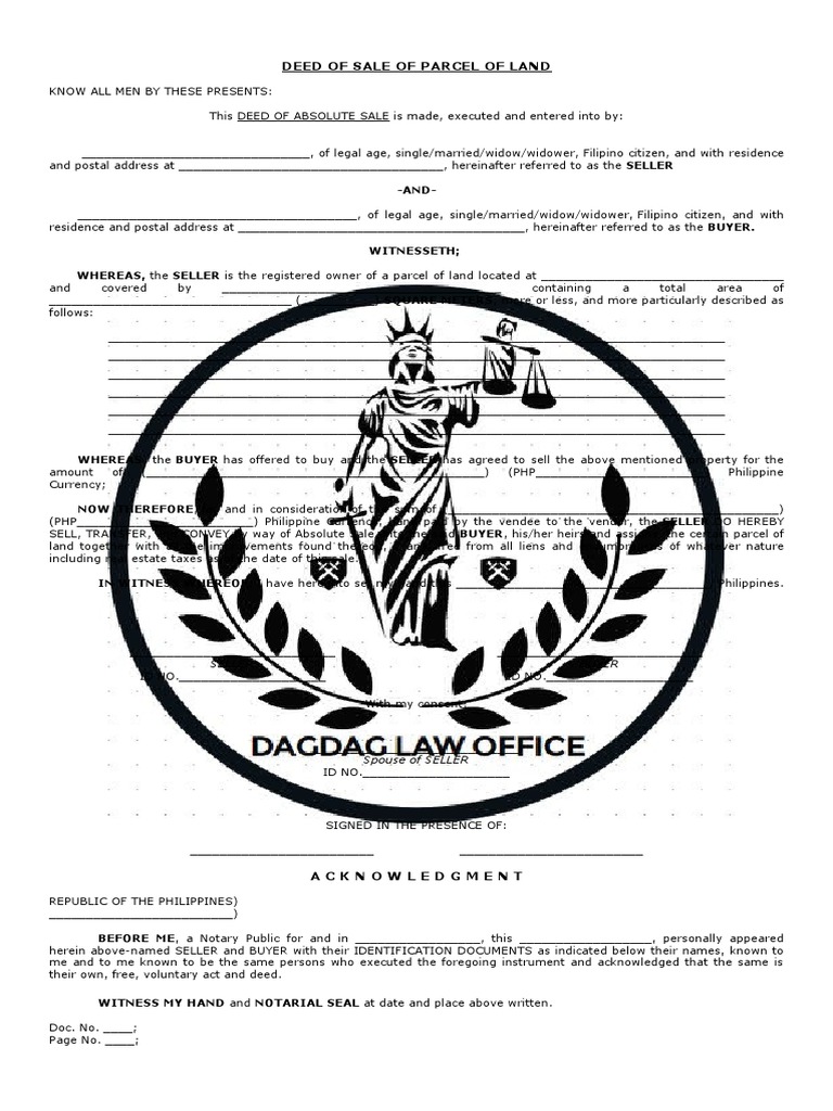 Deed of Sale for Parcel of Land | PDF | Deed | Sales