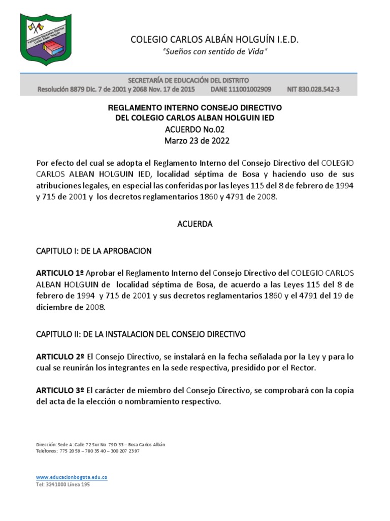 Reglamento Interno Consejo Directivo IED | PDF | Presupuesto | Plan de ...