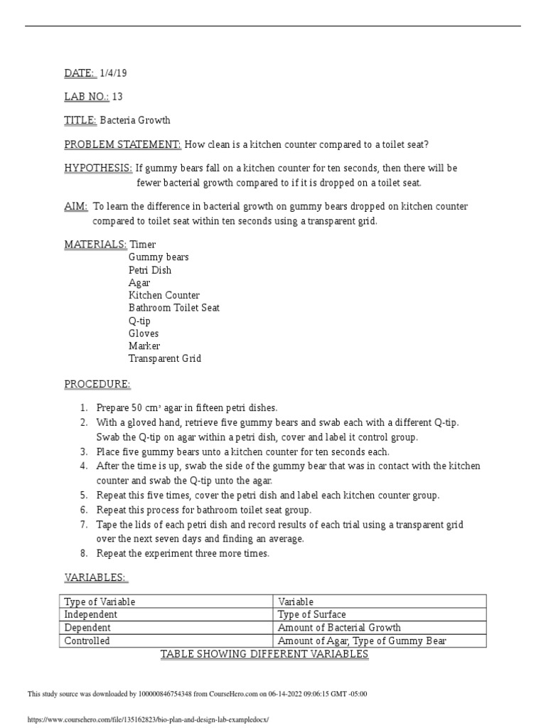 Bio Plan and Design Lab Example | PDF | Bacteria | Experiment