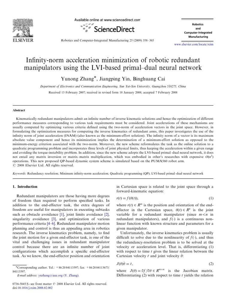 Infinity-Norm Acceleration Minimization of Robotic Redundant | PDF ...