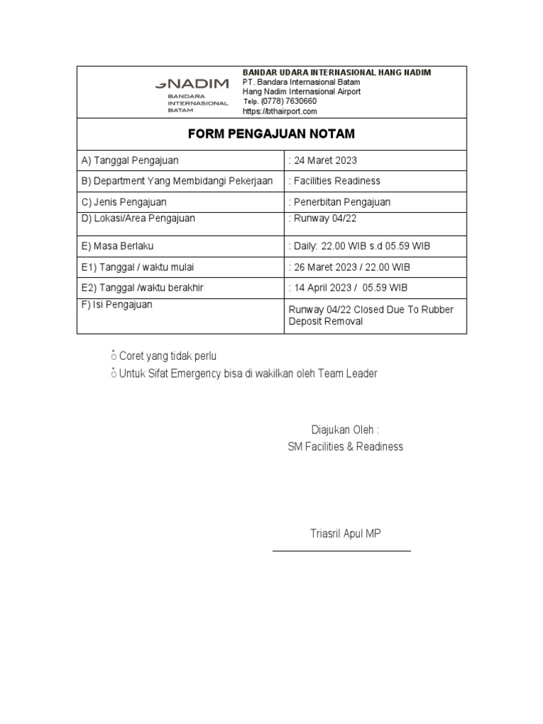 Formulir Pengajuan NOTAM Bandara Hang Nadim | PDF