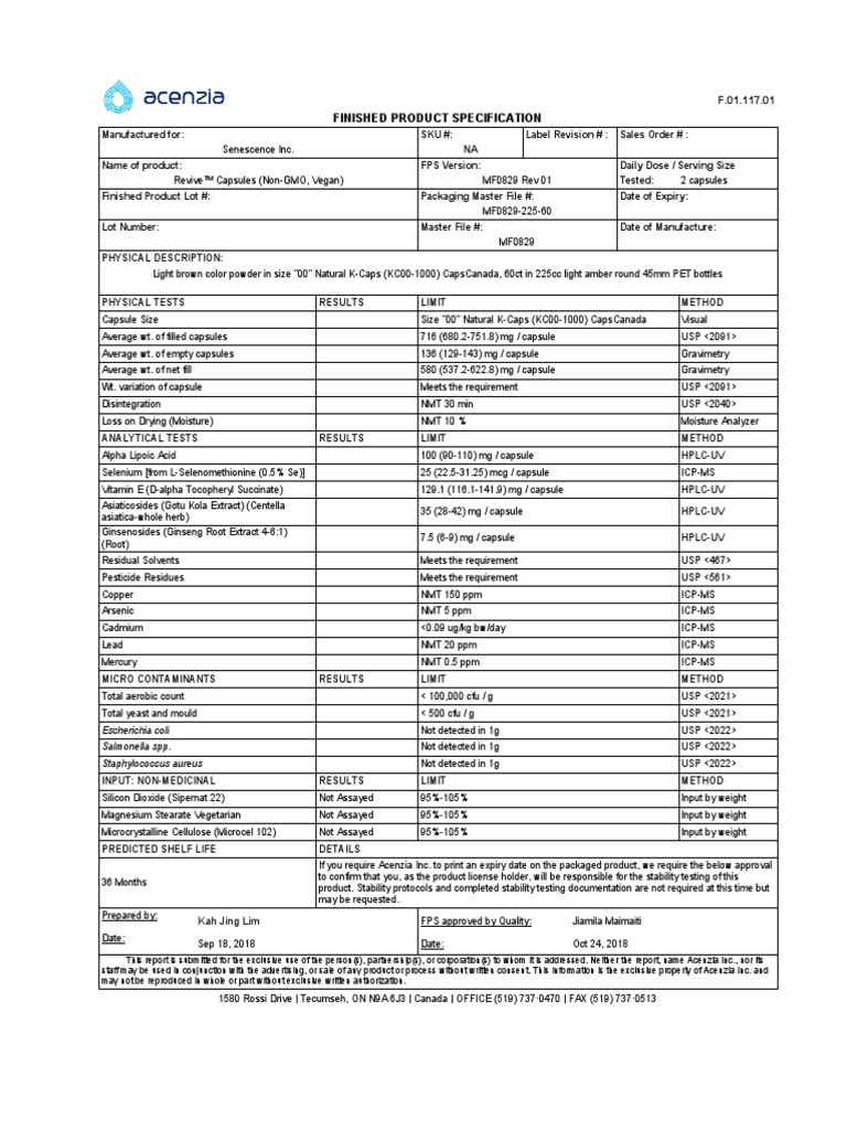Finished Product Specifications - Revive | PDF