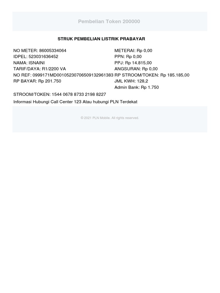 Pembelian Token 200000: Struk Pembelian Listrik Prabayar | PDF