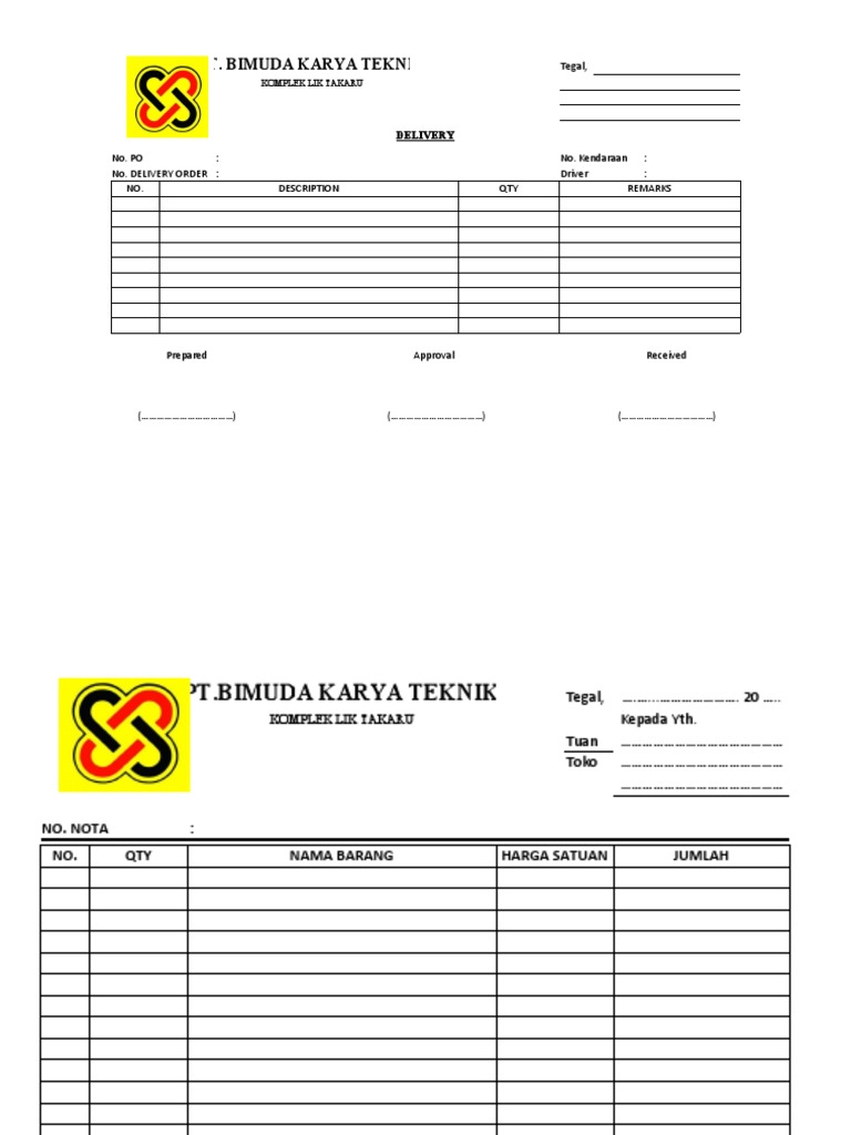 Contoh Nota dan Surat Jalan PT Bimuda | PDF