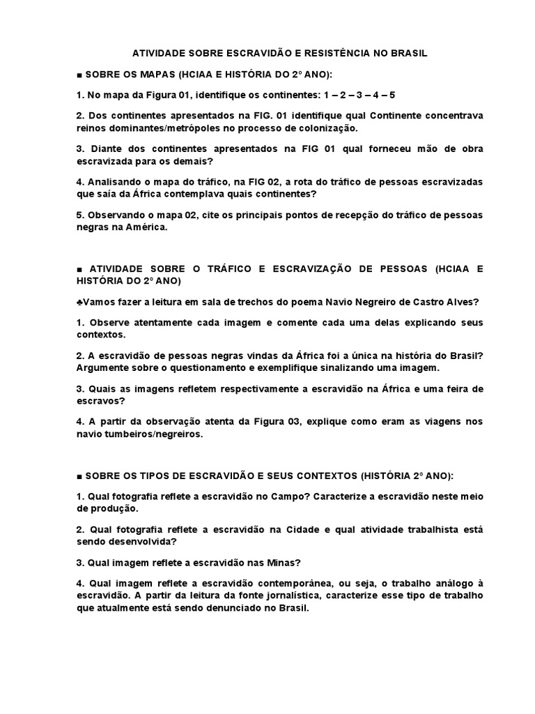 Atividade Sobre Escravidão e Resistência No Brasil | PDF